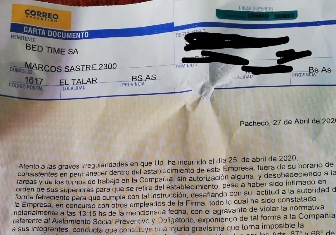 Pese a la prohibición, BedTime comenzó a enviar telegramas de despido