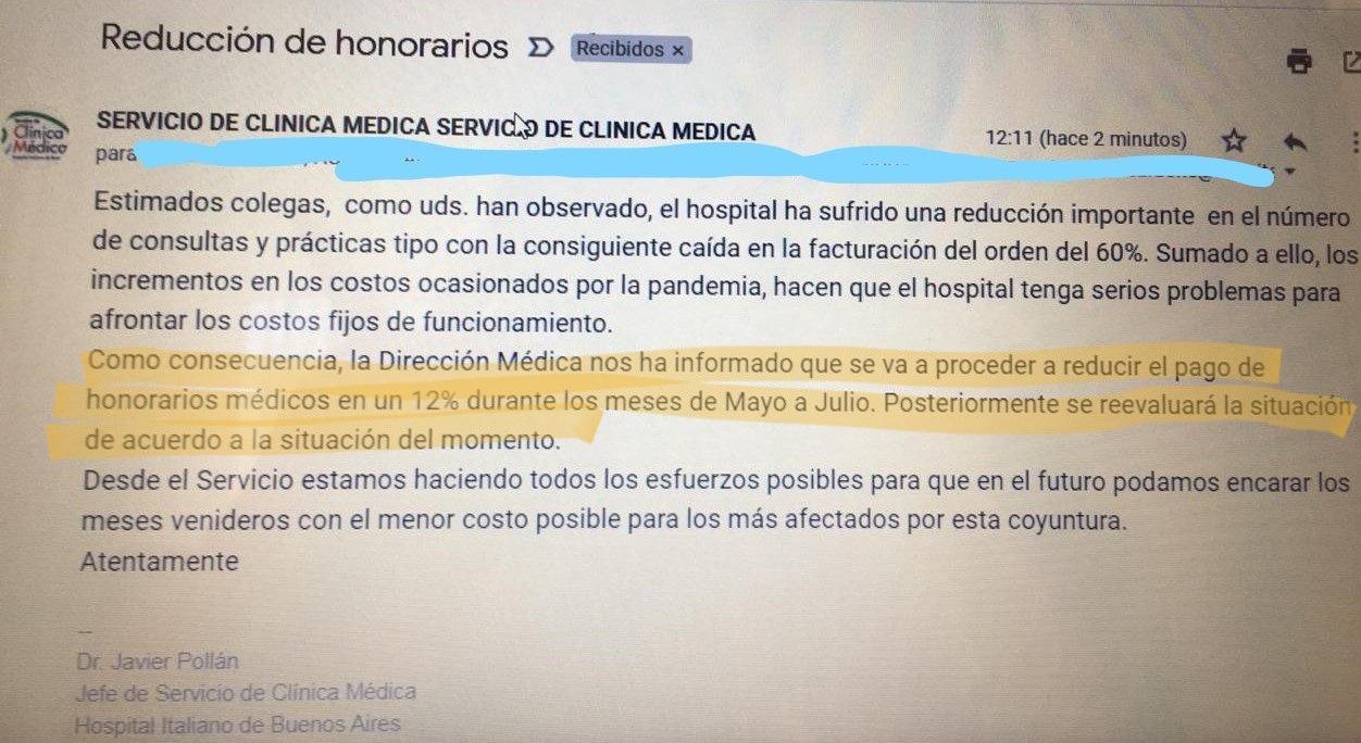El Hospital Italiano le bajó el 12% el sueldo a sus médicos