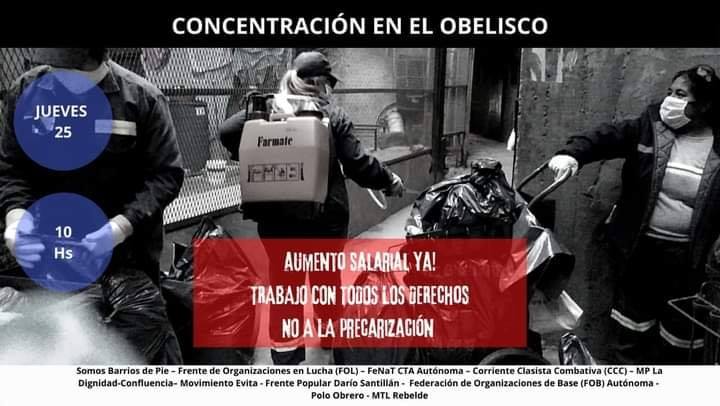 Puede ser una imagen de una o varias personas, personas de pie y texto que dice "CONCENTRACI&Oacute;N EN EL OBELISCO JUEVES 25 Farmate 10 Hs AUMENTO SALARIAL YA! TRABAJO CON TODOS LOS GERECHOS NOALA PRECARIZACI&Oacute;N Somos Barrios Pie Frente de Organizaciones en (FOL)- CTA Aut&oacute;noma Corriente Clasista Combativa (CCC)- Dignidad-Confluencia- Movimiento Evita Frente Popular Santillan- Federaci&oacute;n de Organizaciones de Base (FOB) Aut&oacute;noma Obrero MTL Rebelde"
