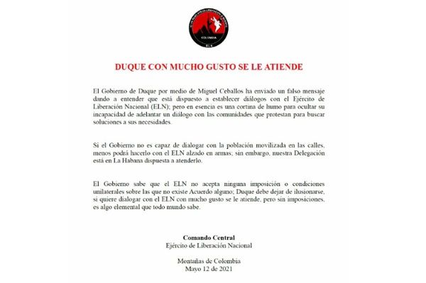 Comunicado de ELN Colombia