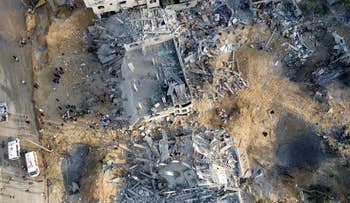 The ruins of buildings which were destroyed in Israeli airstrikes in the northern Gaza Strip, today.
