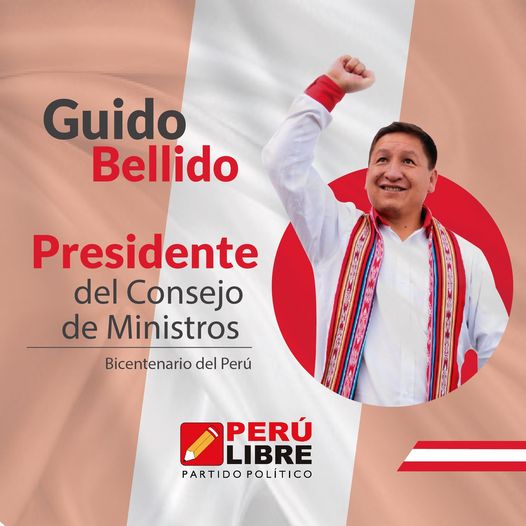 Puede ser una imagen de 1 persona y texto que dice "Guido Bellido Presidente del Consejo de Ministros Bicentenario del Perú PERà LIBRE PARTIDOPOLÃTICO PARTIDO POLÃTICO"