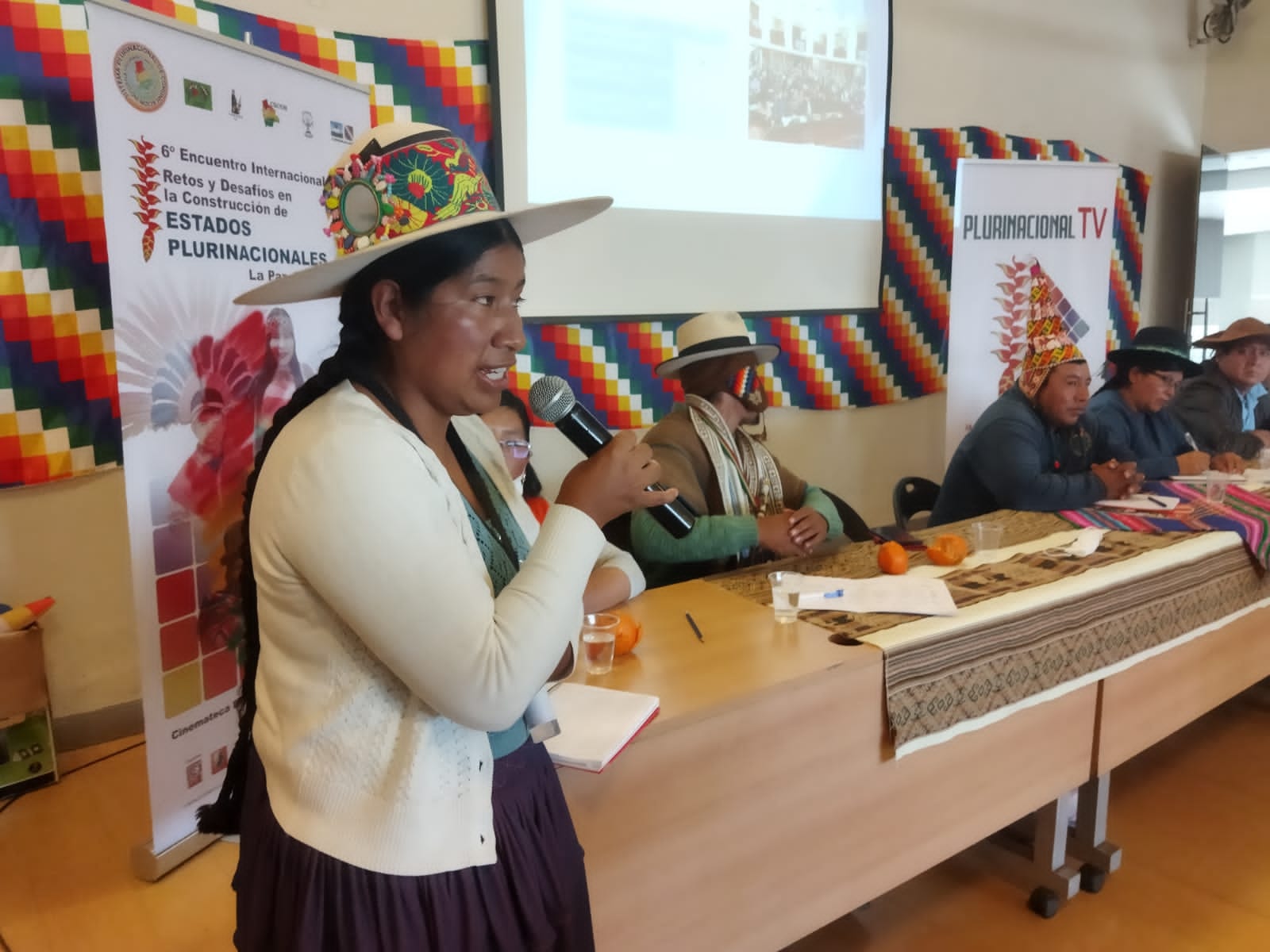 Puede ser una imagen de 3 personas, personas de pie y texto que dice "H 6&deg; Encuentro Internacional Retosy Desafios en la ESTADOS Construcci&oacute;n PLURINACIONALES Pas PLURINACIONAL TV"